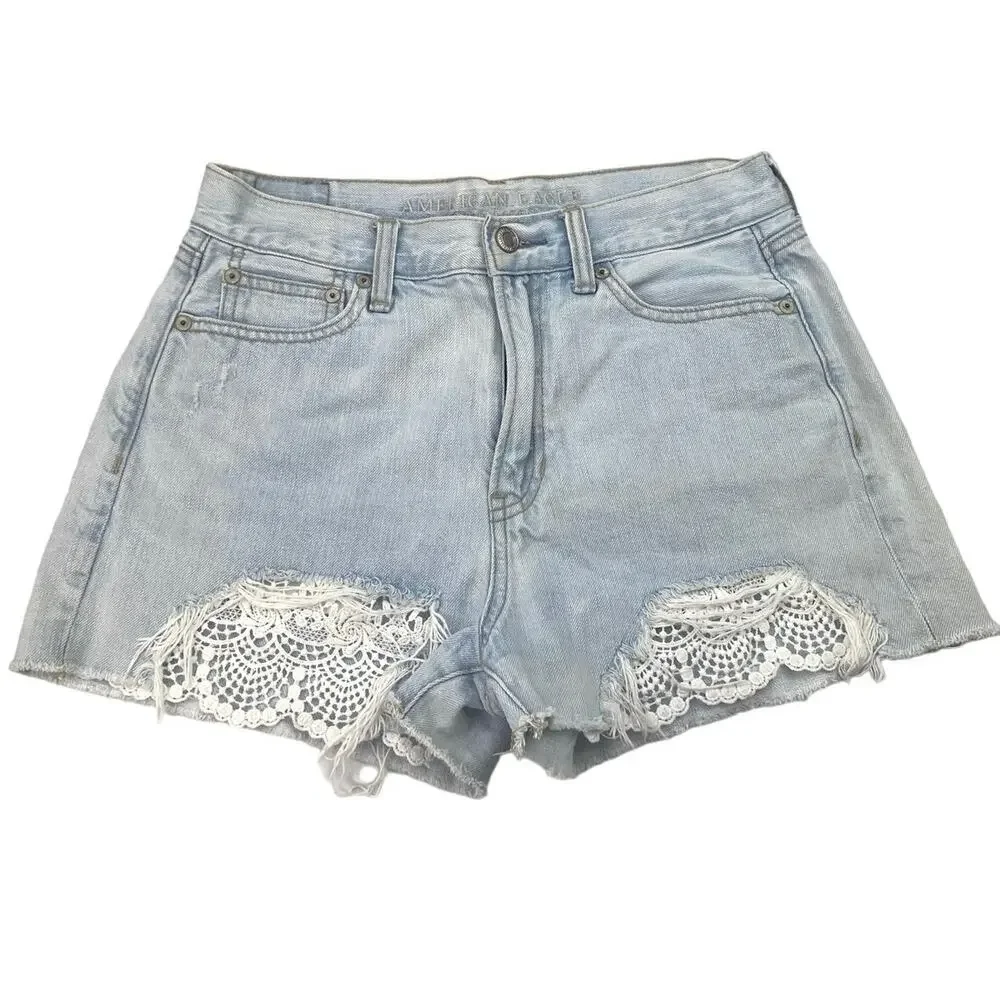 American Eagle Blue Light Wash Lace Trim Cotton Denim Mid Rise Jean Short Size 4